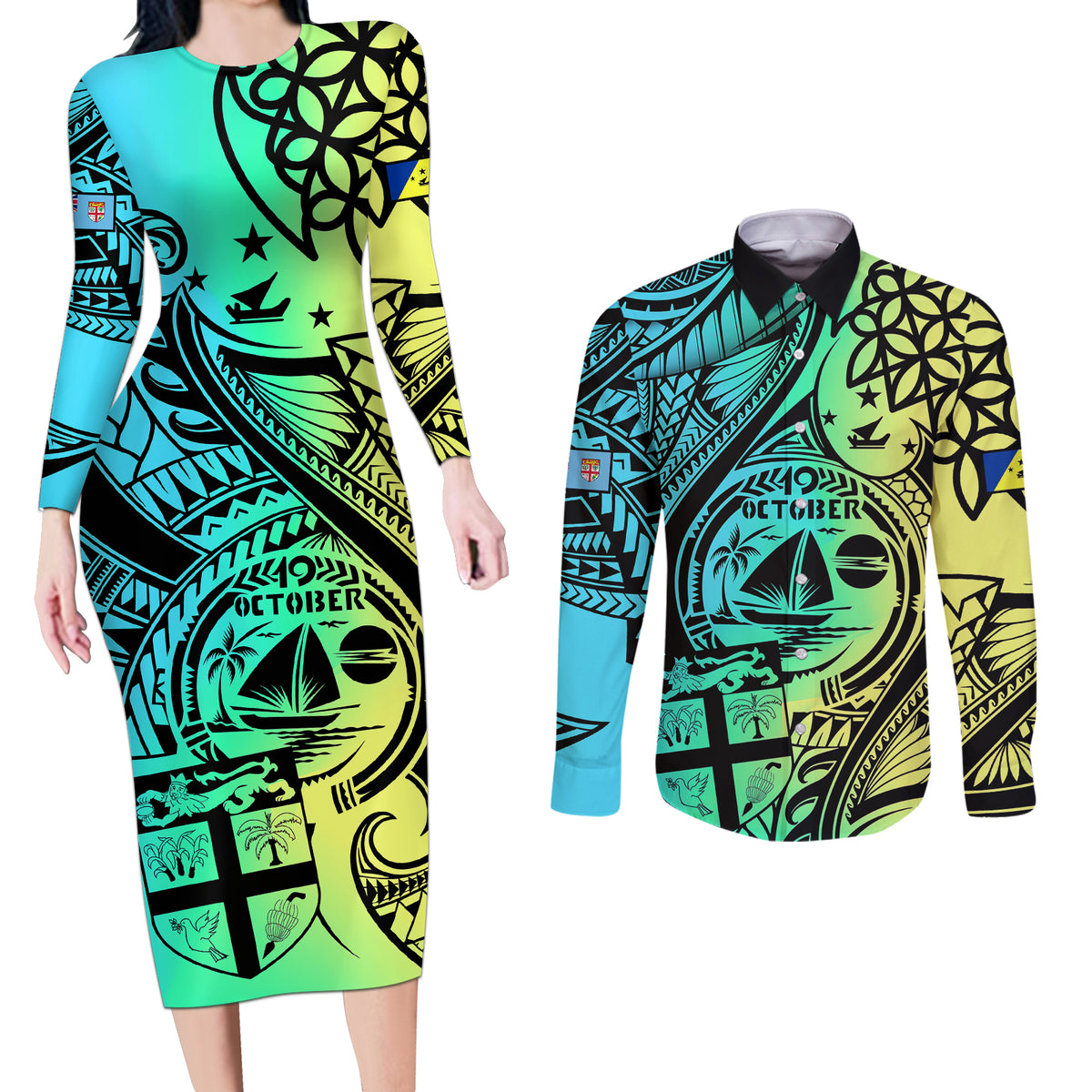 Malampa Fiji Day Couples Matching Long Sleeve Bodycon Dress and Long Sleeve Button Shirts Vanuatu Sand Drawing With Polynesian Pattern LT9 Black - Polynesian Pride