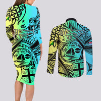 Malampa Fiji Day Couples Matching Long Sleeve Bodycon Dress and Long Sleeve Button Shirts Vanuatu Sand Drawing With Polynesian Pattern LT9 - Polynesian Pride