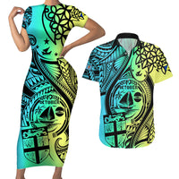 Malampa Fiji Day Couples Matching Short Sleeve Bodycon Dress and Hawaiian Shirt Vanuatu Sand Drawing With Polynesian Pattern LT9 Black - Polynesian Pride