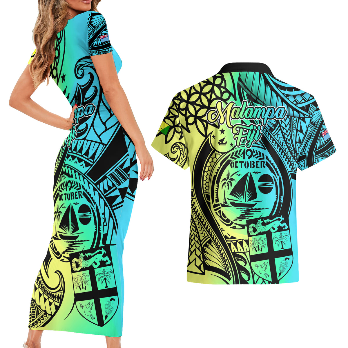 Malampa Fiji Day Couples Matching Short Sleeve Bodycon Dress and Hawaiian Shirt Vanuatu Sand Drawing With Polynesian Pattern LT9 - Polynesian Pride