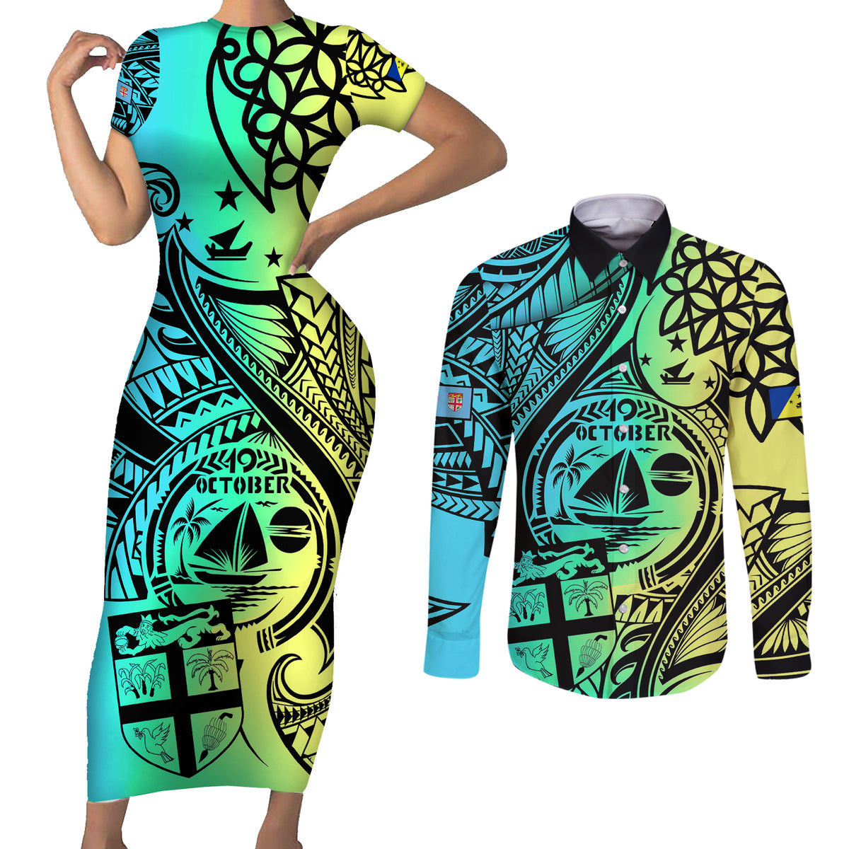 Malampa Fiji Day Couples Matching Short Sleeve Bodycon Dress and Long Sleeve Button Shirts Vanuatu Sand Drawing With Polynesian Pattern LT9 Black - Polynesian Pride