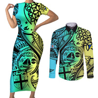 Malampa Fiji Day Couples Matching Short Sleeve Bodycon Dress and Long Sleeve Button Shirts Vanuatu Sand Drawing With Polynesian Pattern LT9 Black - Polynesian Pride