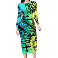 Malampa Fiji Day Family Matching Long Sleeve Bodycon Dress and Hawaiian Shirt Vanuatu Sand Drawing With Polynesian Pattern LT9 Mom's Dress Black - Polynesian Pride