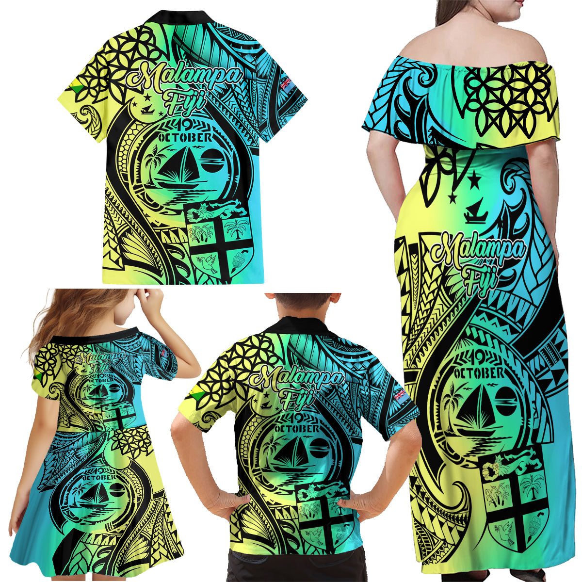 Malampa Fiji Day Family Matching Off Shoulder Maxi Dress and Hawaiian Shirt Vanuatu Sand Drawing With Polynesian Pattern LT9 - Polynesian Pride