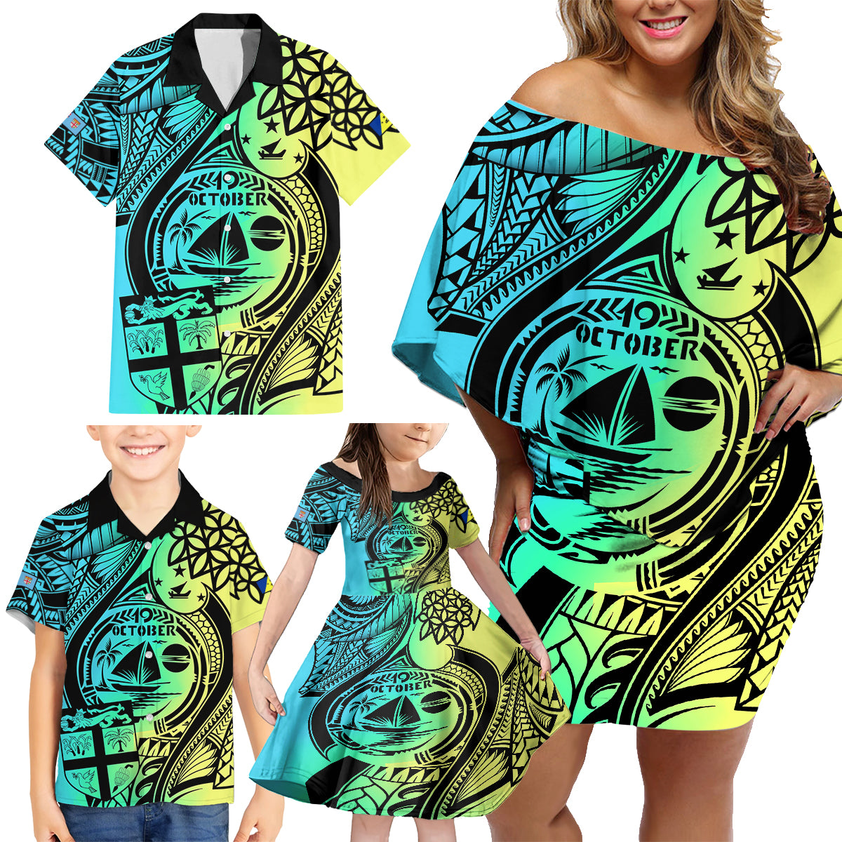 Malampa Fiji Day Family Matching Off Shoulder Short Dress and Hawaiian Shirt Vanuatu Sand Drawing With Polynesian Pattern LT9 - Polynesian Pride