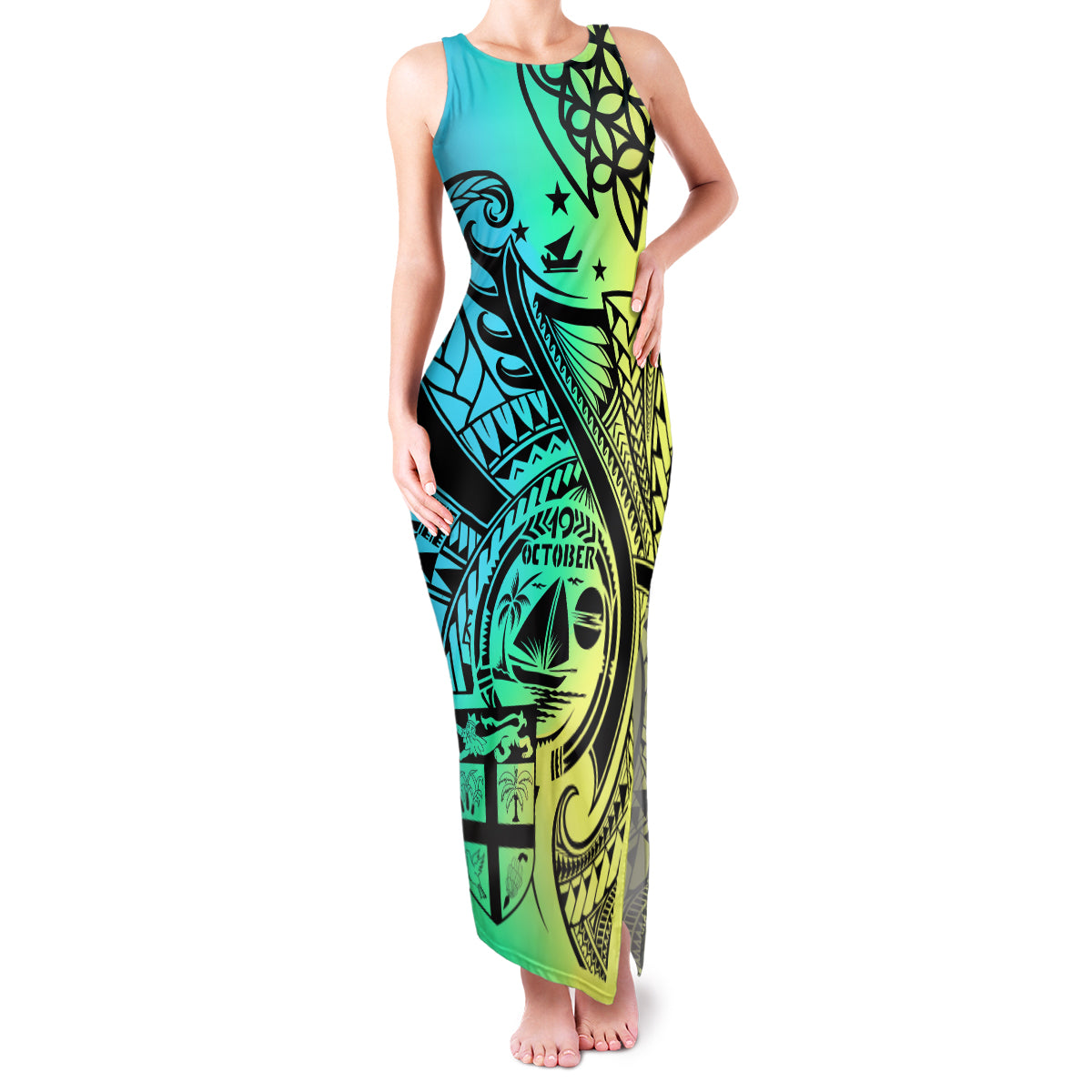 Malampa Fiji Day Family Matching Tank Maxi Dress and Hawaiian Shirt Vanuatu Sand Drawing With Polynesian Pattern LT9 Mom's Dress Black - Polynesian Pride