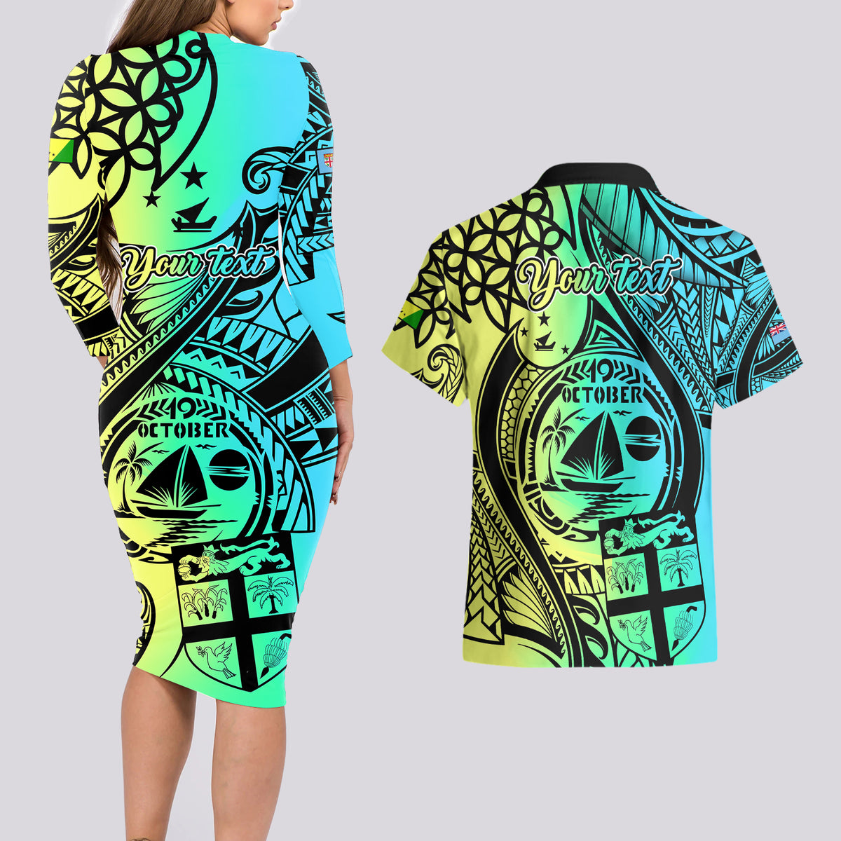 Personalised Malampa Fiji Day Couples Matching Long Sleeve Bodycon Dress and Hawaiian Shirt Vanuatu Sand Drawing With Polynesian Pattern LT9 - Polynesian Pride