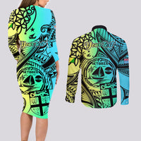 Personalised Malampa Fiji Day Couples Matching Long Sleeve Bodycon Dress and Long Sleeve Button Shirts Vanuatu Sand Drawing With Polynesian Pattern LT9 - Polynesian Pride