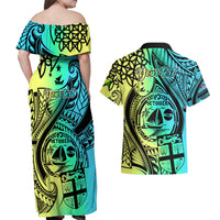 Personalised Malampa Fiji Day Couples Matching Off Shoulder Maxi Dress and Hawaiian Shirt Vanuatu Sand Drawing With Polynesian Pattern LT9 - Polynesian Pride