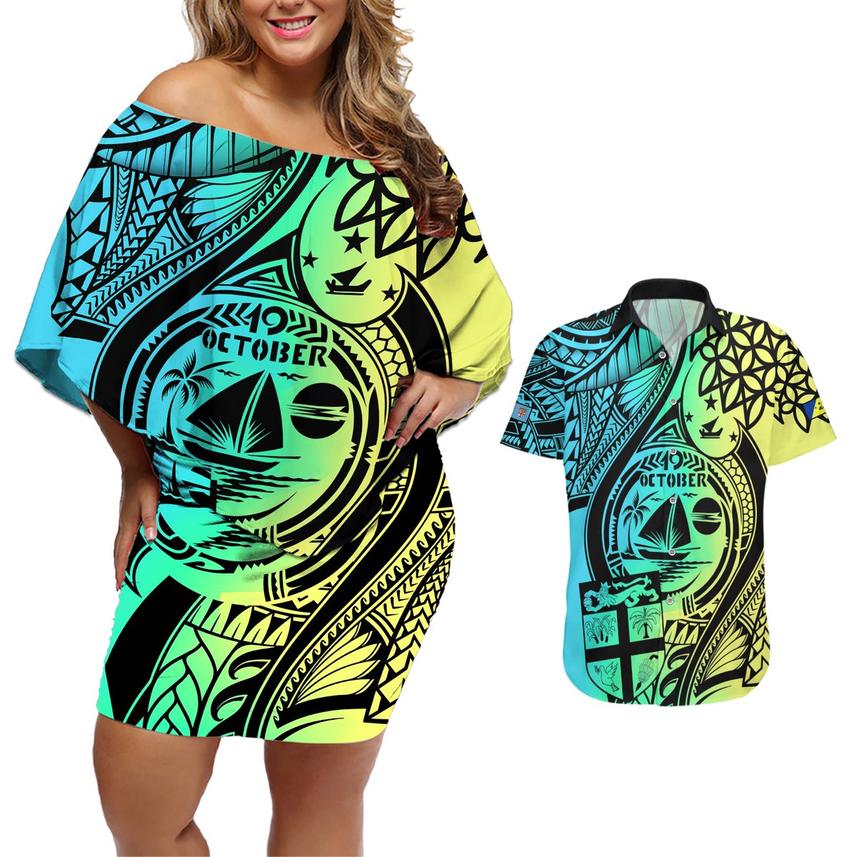 Personalised Malampa Fiji Day Couples Matching Off Shoulder Short Dress and Hawaiian Shirt Vanuatu Sand Drawing With Polynesian Pattern LT9 Black - Polynesian Pride
