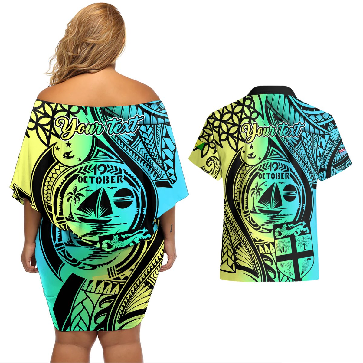 Personalised Malampa Fiji Day Couples Matching Off Shoulder Short Dress and Hawaiian Shirt Vanuatu Sand Drawing With Polynesian Pattern LT9 - Polynesian Pride