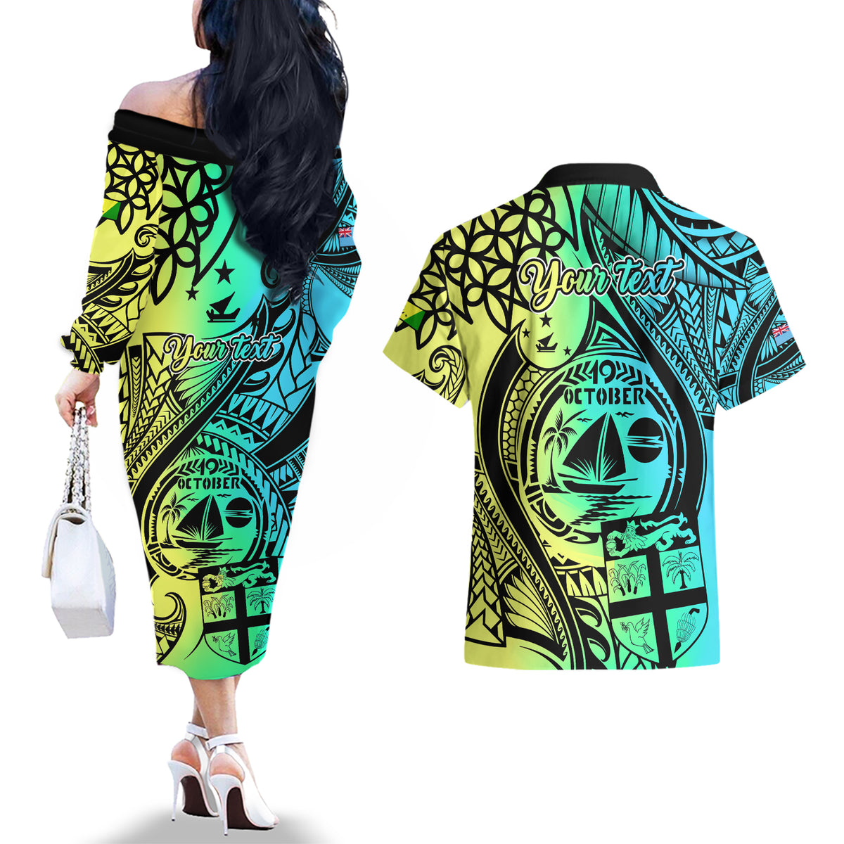 Personalised Malampa Fiji Day Couples Matching Off The Shoulder Long Sleeve Dress and Hawaiian Shirt Vanuatu Sand Drawing With Polynesian Pattern LT9 - Polynesian Pride