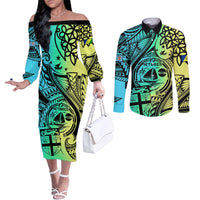 Personalised Malampa Fiji Day Couples Matching Off The Shoulder Long Sleeve Dress and Long Sleeve Button Shirts Vanuatu Sand Drawing With Polynesian Pattern LT9 Black - Polynesian Pride
