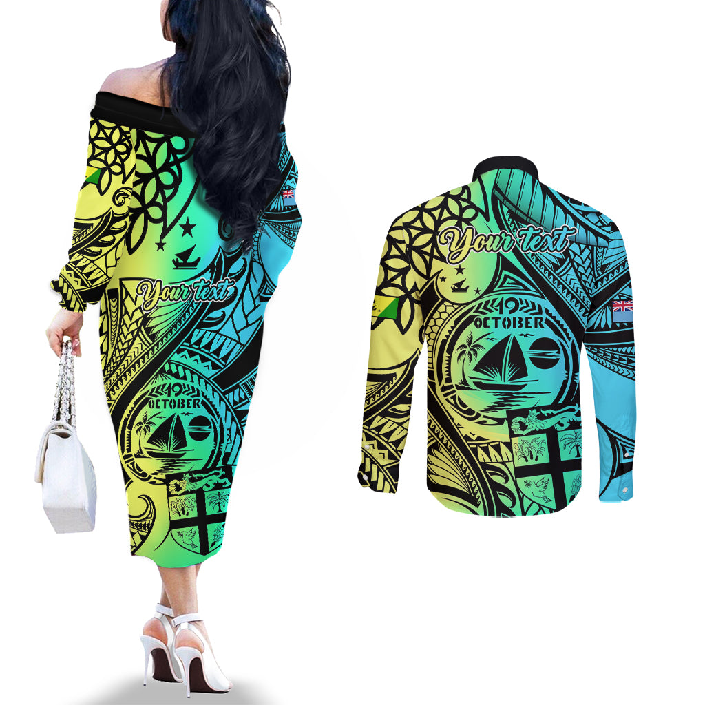Personalised Malampa Fiji Day Couples Matching Off The Shoulder Long Sleeve Dress and Long Sleeve Button Shirts Vanuatu Sand Drawing With Polynesian Pattern LT9 - Polynesian Pride