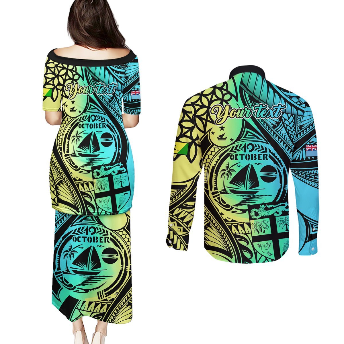 Personalised Malampa Fiji Day Couples Matching Puletasi Dress and Long Sleeve Button Shirts Vanuatu Sand Drawing With Polynesian Pattern LT9 - Polynesian Pride