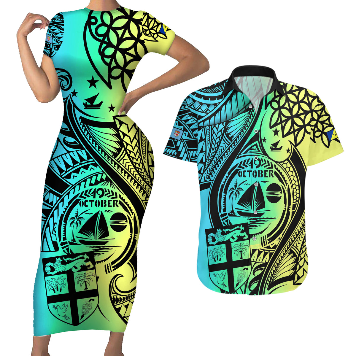 Personalised Malampa Fiji Day Couples Matching Short Sleeve Bodycon Dress and Hawaiian Shirt Vanuatu Sand Drawing With Polynesian Pattern LT9 Black - Polynesian Pride