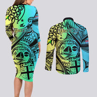 Personalised Malampa Fiji Day Couples Matching Long Sleeve Bodycon Dress and Long Sleeve Button Shirt Vanuatu Sand Drawing With Polynesian Pattern LT9 - Polynesian Pride