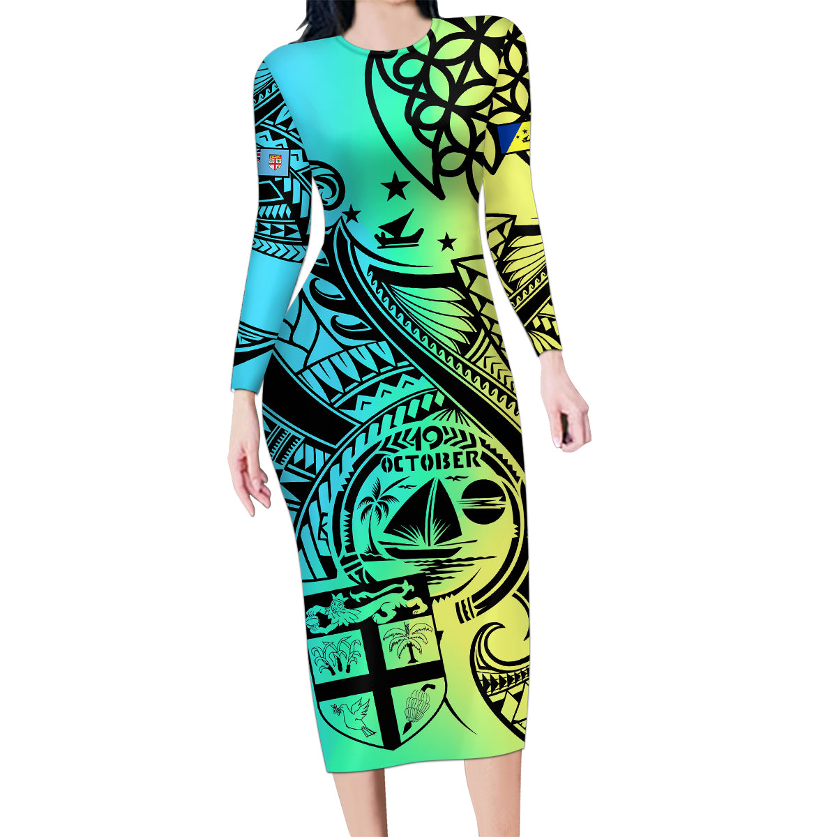 Personalised Malampa Fiji Day Family Matching Long Sleeve Bodycon Dress and Hawaiian Shirt Vanuatu Sand Drawing With Polynesian Pattern LT9 Mom's Dress Black - Polynesian Pride