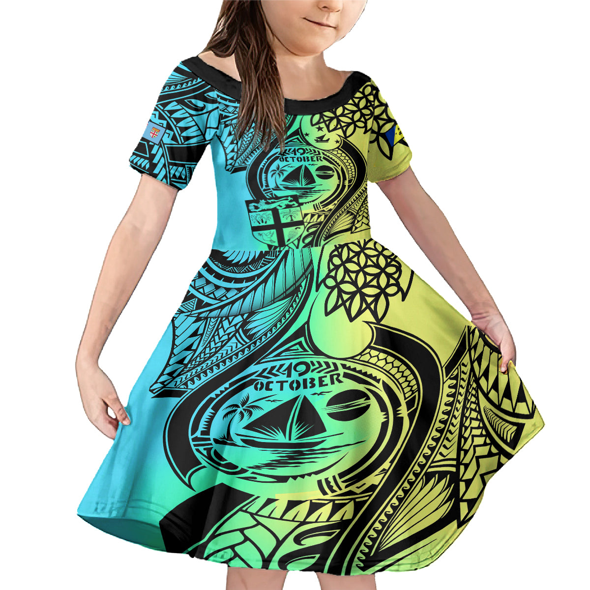 Personalised Malampa Fiji Day Family Matching Mermaid Dress and Hawaiian Shirt Vanuatu Sand Drawing With Polynesian Pattern LT9 Daughter's Dress Black - Polynesian Pride