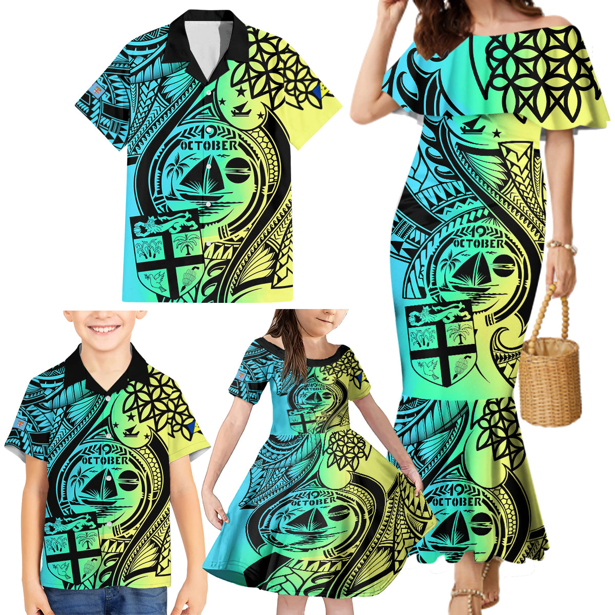 Personalised Malampa Fiji Day Family Matching Mermaid Dress and Hawaiian Shirt Vanuatu Sand Drawing With Polynesian Pattern LT9 - Polynesian Pride