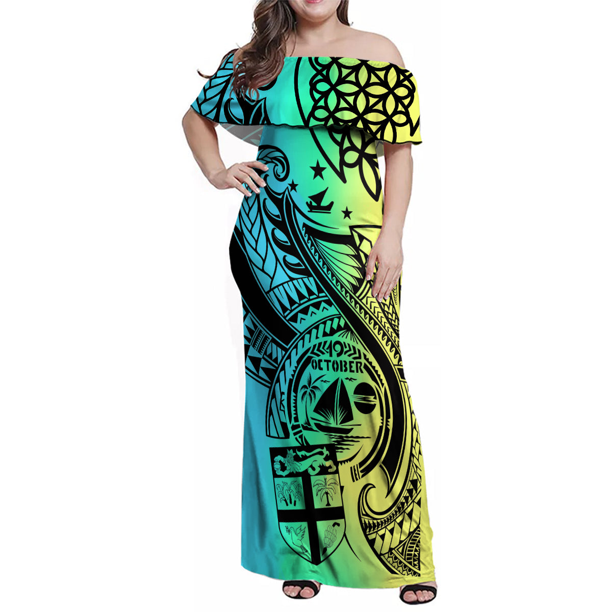 Personalised Malampa Fiji Day Family Matching Off Shoulder Maxi Dress and Hawaiian Shirt Vanuatu Sand Drawing With Polynesian Pattern LT9 Mom's Dress Black - Polynesian Pride