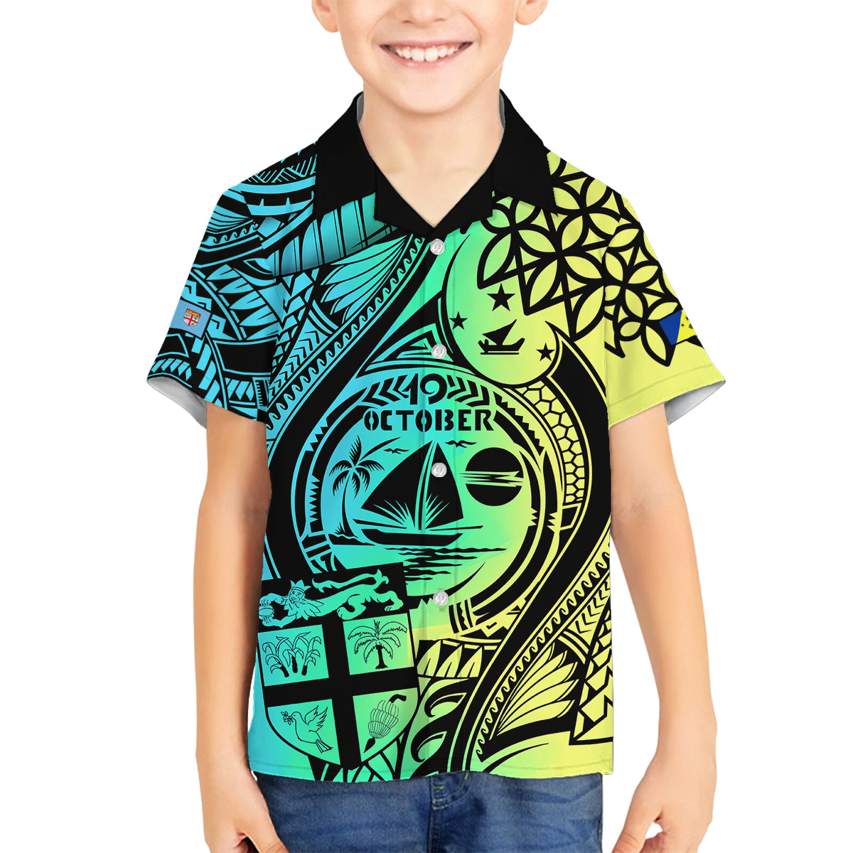Personalised Malampa Fiji Day Family Matching Off Shoulder Maxi Dress and Hawaiian Shirt Vanuatu Sand Drawing With Polynesian Pattern LT9 Son's Shirt Black - Polynesian Pride