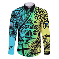 Personalised Malampa Fiji Day Family Matching Off Shoulder Short Dress and Hawaiian Shirt Vanuatu Sand Drawing With Polynesian Pattern LT9 Dad's Shirt - Long Sleeve Black - Polynesian Pride