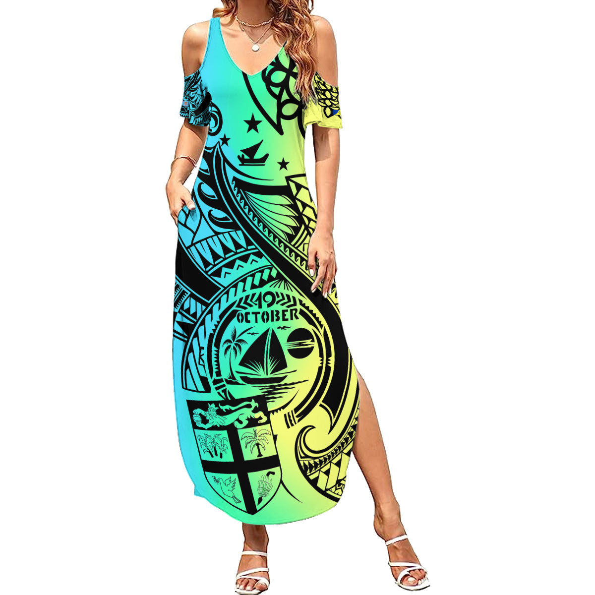 Personalised Malampa Fiji Day Family Matching Summer Maxi Dress and Hawaiian Shirt Vanuatu Sand Drawing With Polynesian Pattern LT9 Mom's Dress Black - Polynesian Pride