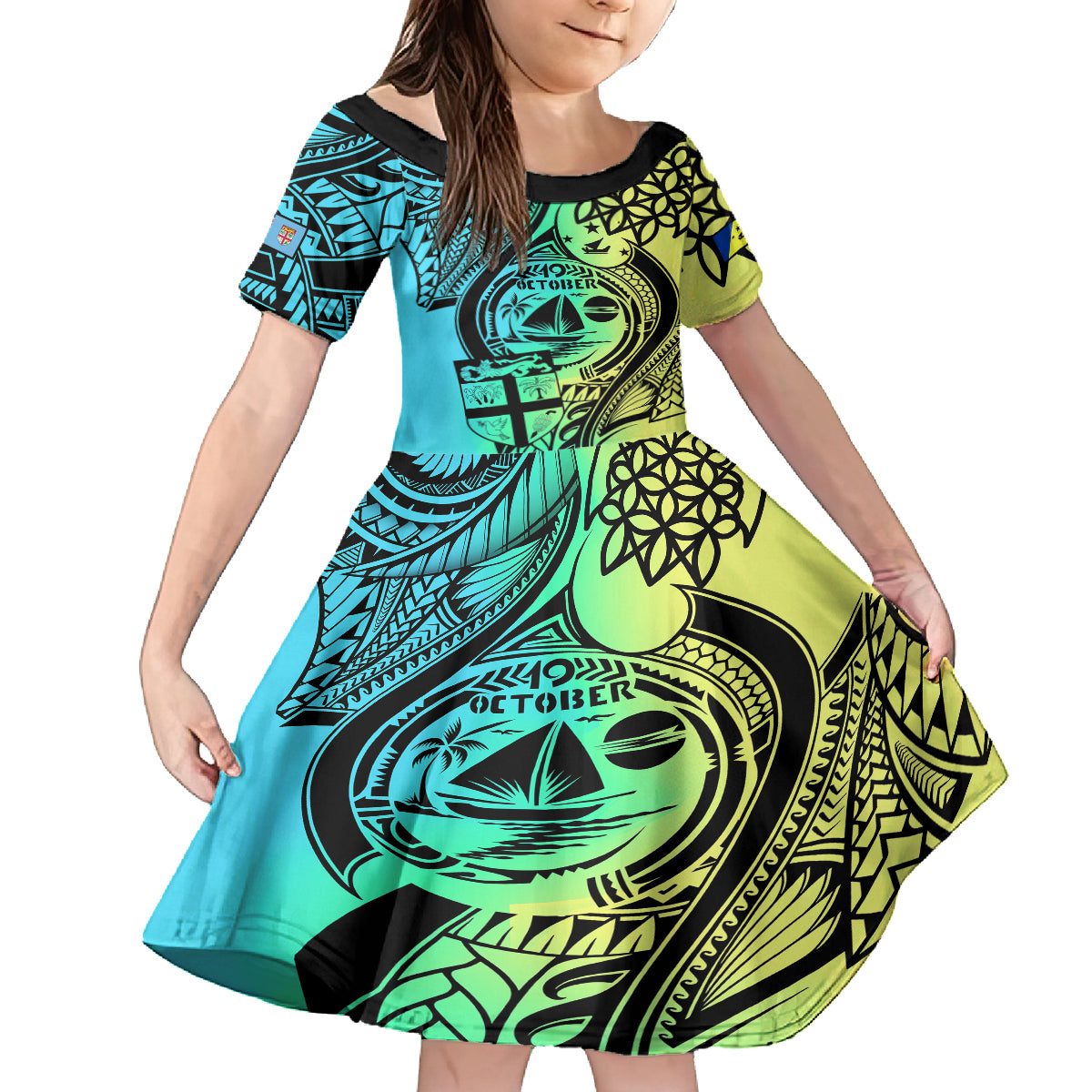 Personalised Malampa Fiji Day Family Matching Tank Maxi Dress and Hawaiian Shirt Vanuatu Sand Drawing With Polynesian Pattern LT9 Daughter's Dress Black - Polynesian Pride