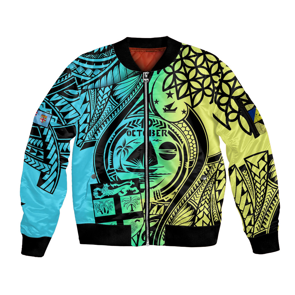 Personalised Malampa Fiji Day Sleeve Zip Bomber Jacket Vanuatu Sand Drawing With Polynesian Pattern LT9 Unisex Black - Polynesian Pride