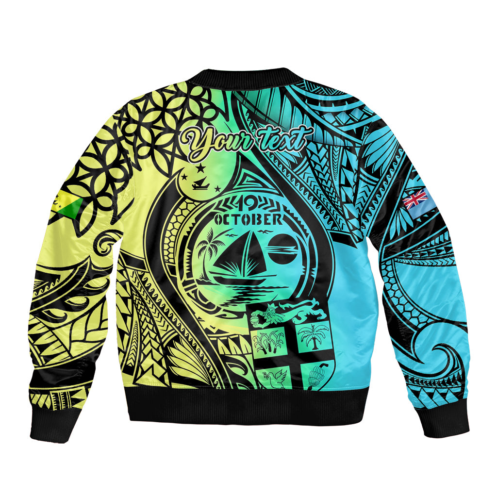 Personalised Malampa Fiji Day Sleeve Zip Bomber Jacket Vanuatu Sand Drawing With Polynesian Pattern LT9 - Polynesian Pride