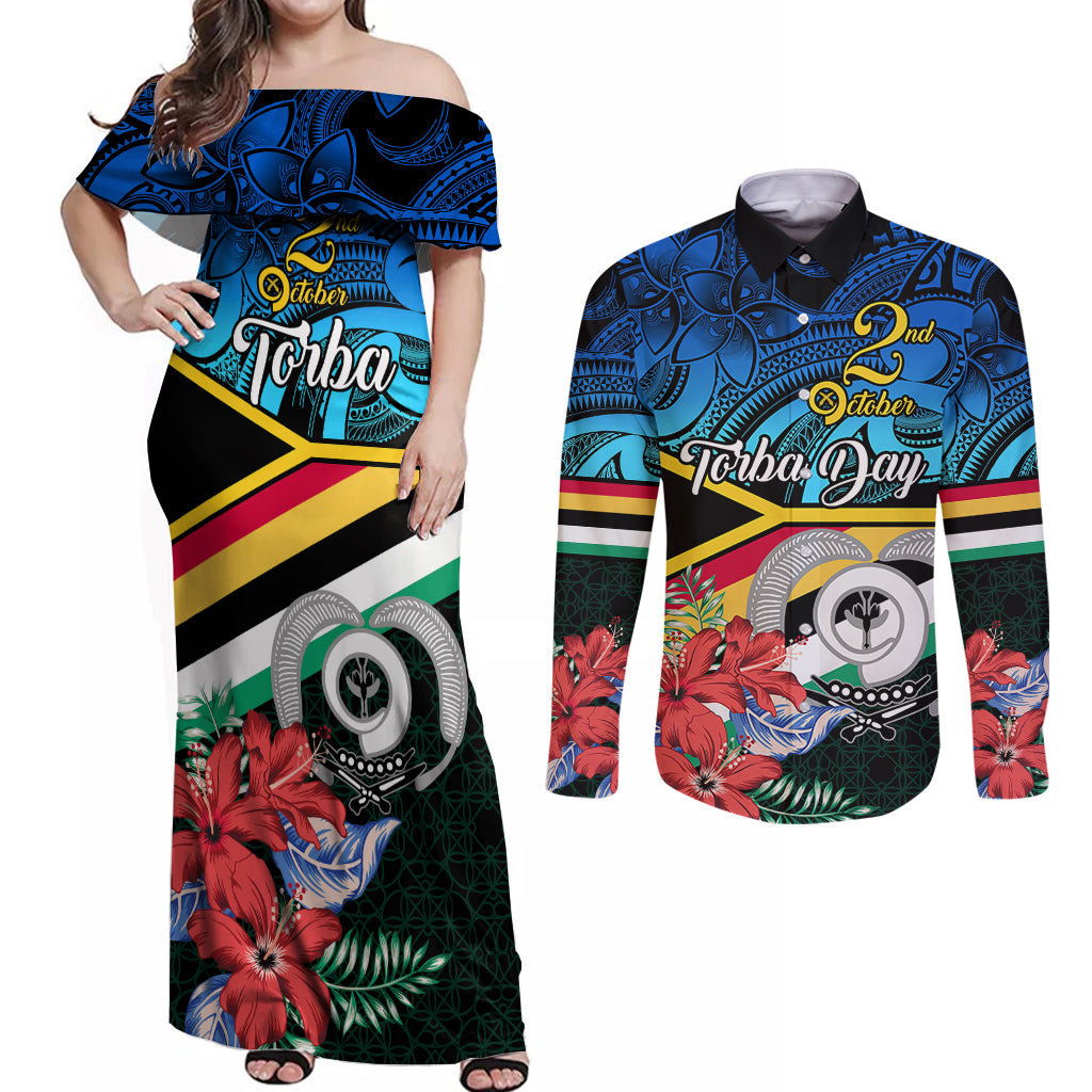 Torba Vanuatu Couples Matching Off Shoulder Maxi Dress and Long Sleeve Button Shirts Sand Drawing With Polynesian Pattern LT9 Black - Polynesian Pride