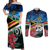 Torba Vanuatu Couples Matching Off Shoulder Maxi Dress and Long Sleeve Button Shirts Sand Drawing With Polynesian Pattern LT9 Black - Polynesian Pride