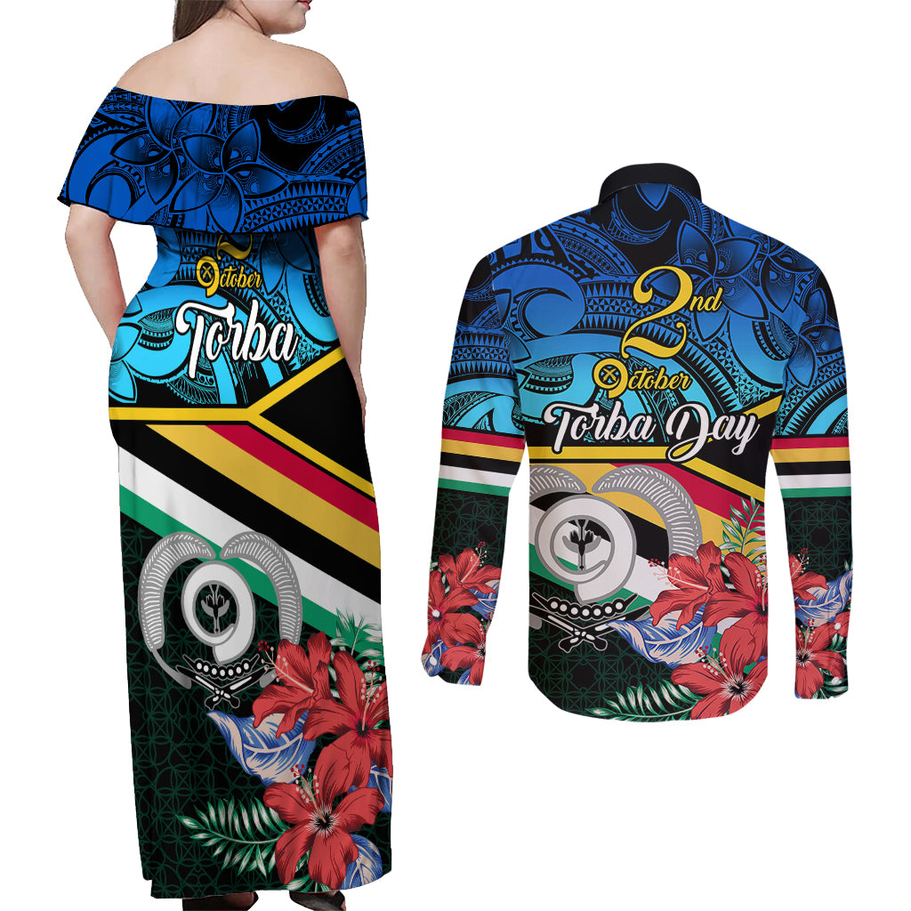 Torba Vanuatu Couples Matching Off Shoulder Maxi Dress and Long Sleeve Button Shirts Sand Drawing With Polynesian Pattern LT9 - Polynesian Pride