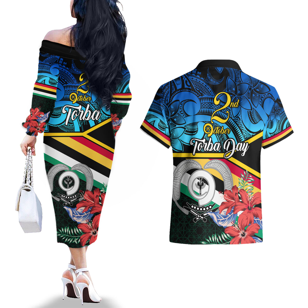 torba-vanuatu-couples-matching-off-the-shoulder-long-sleeve-dress-and-hawaiian-shirt-sand-drawing-with-polynesian-pattern