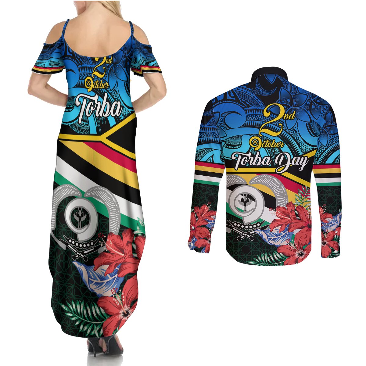 torba-vanuatu-couples-matching-summer-maxi-dress-and-long-sleeve-button-shirts-sand-drawing-with-polynesian-pattern