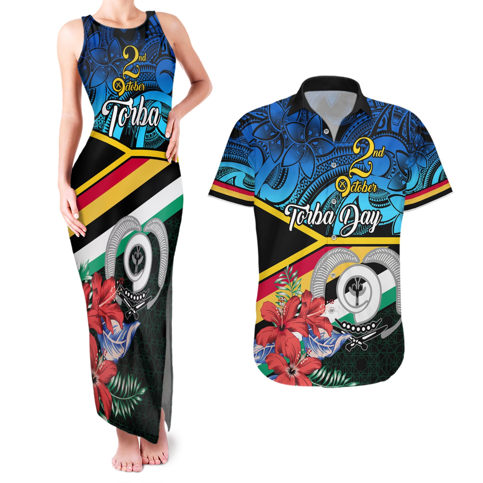 torba-vanuatu-couples-matching-tank-maxi-dress-and-hawaiian-shirt-sand-drawing-with-polynesian-pattern