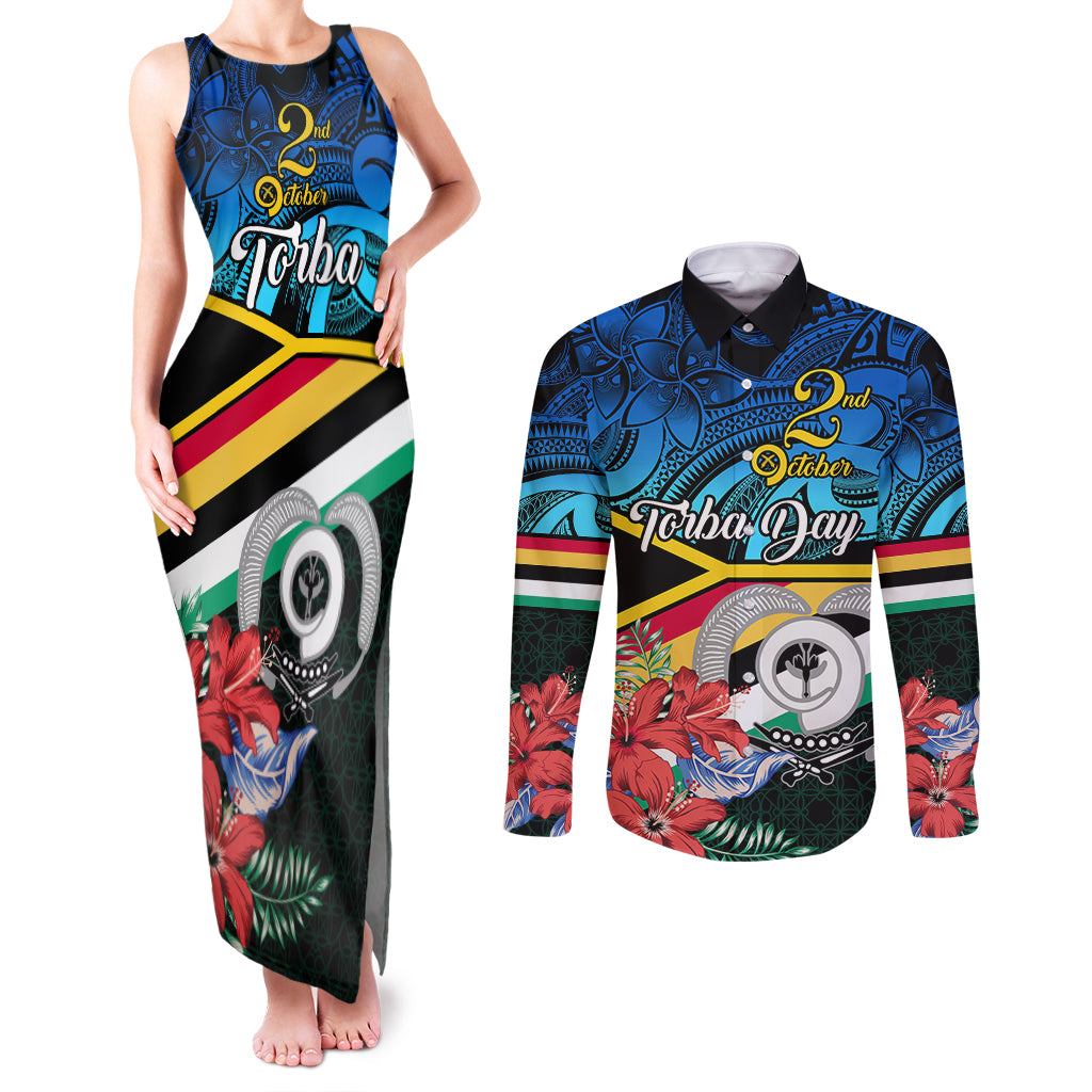 Torba Vanuatu Couples Matching Tank Maxi Dress and Long Sleeve Button Shirts Sand Drawing With Polynesian Pattern LT9 Black - Polynesian Pride