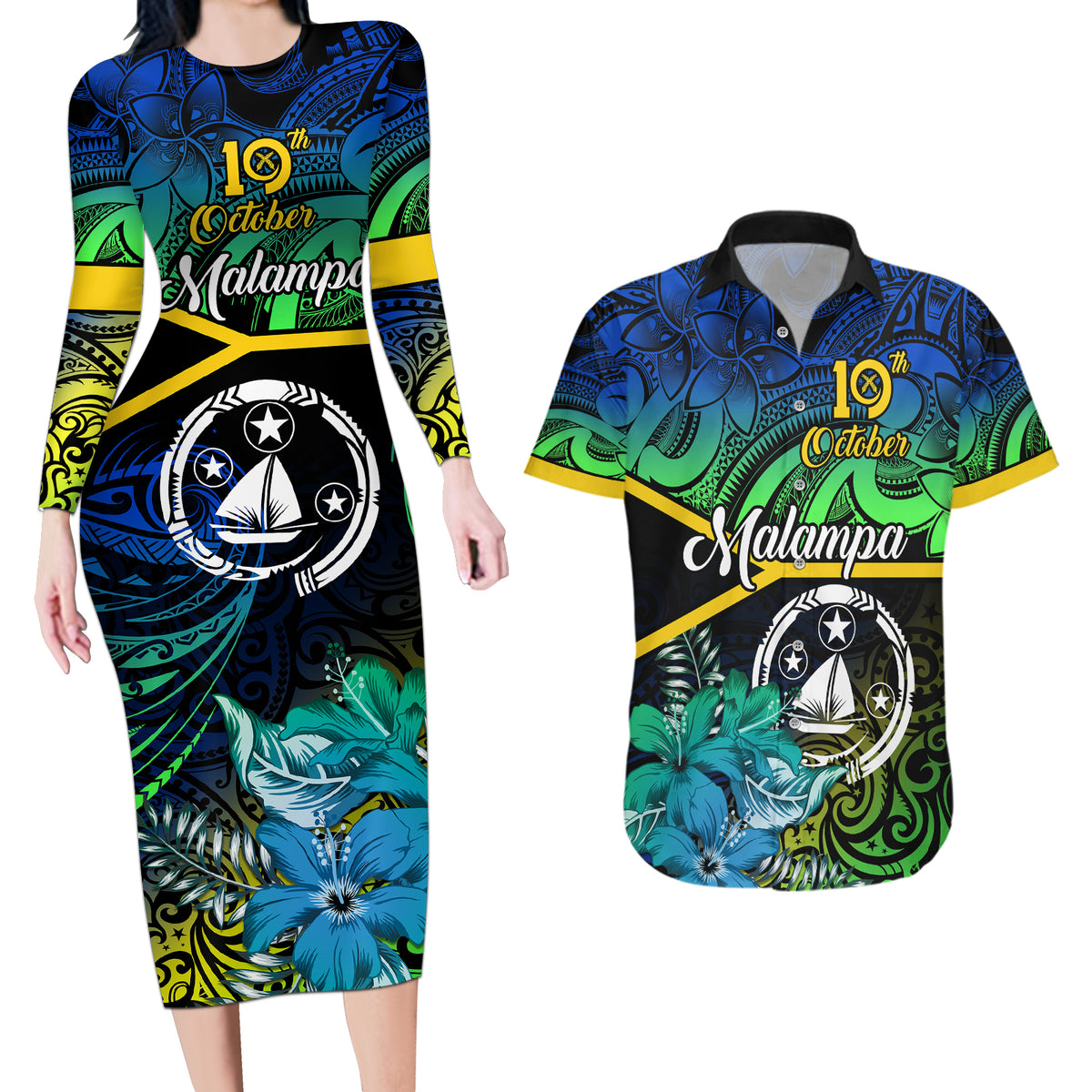 Malampa Day Couples Matching Long Sleeve Bodycon Dress and Hawaiian Shirt Vanuatu Flowers with Malampa Emblem Tribal Pattern LT9 Black - Polynesian Pride