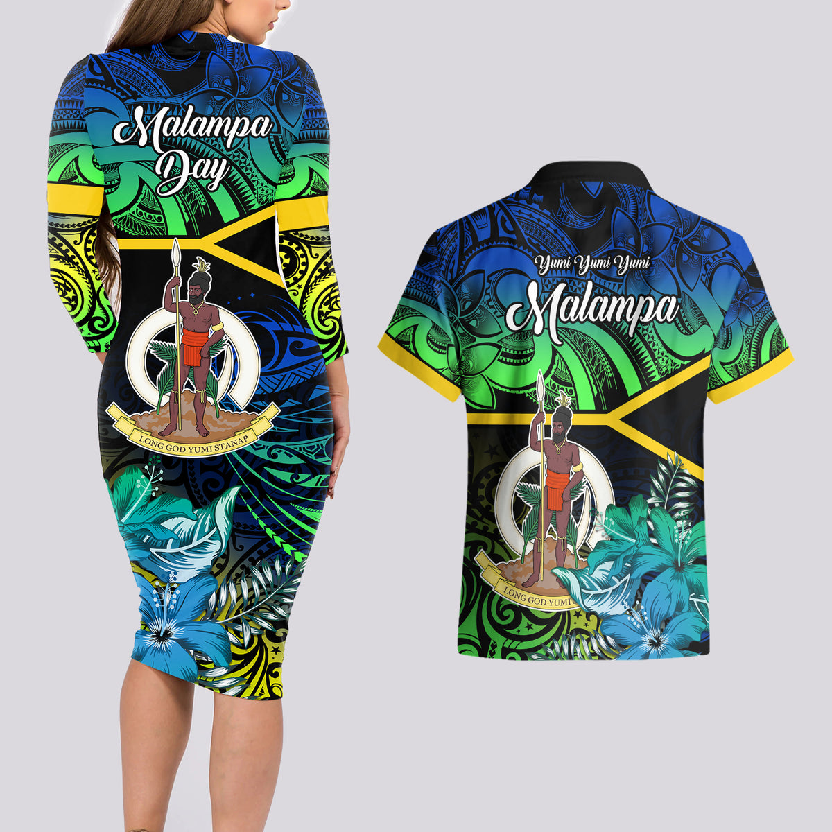 Malampa Day Couples Matching Long Sleeve Bodycon Dress and Hawaiian Shirt Vanuatu Flowers with Malampa Emblem Tribal Pattern LT9 - Polynesian Pride