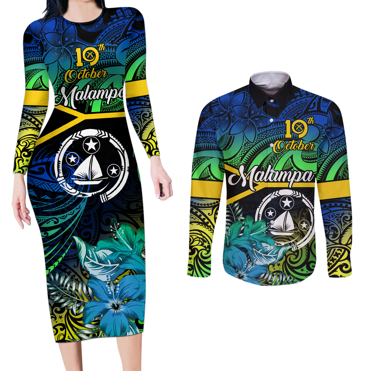 Malampa Day Couples Matching Long Sleeve Bodycon Dress and Long Sleeve Button Shirts Vanuatu Flowers with Malampa Emblem Tribal Pattern LT9 Black - Polynesian Pride