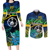 Malampa Day Couples Matching Long Sleeve Bodycon Dress and Long Sleeve Button Shirts Vanuatu Flowers with Malampa Emblem Tribal Pattern LT9 Black - Polynesian Pride