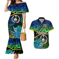 Malampa Day Couples Matching Mermaid Dress and Hawaiian Shirt Vanuatu Flowers with Malampa Emblem Tribal Pattern LT9 Black - Polynesian Pride