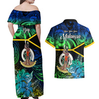 Malampa Day Couples Matching Off Shoulder Maxi Dress and Hawaiian Shirt Vanuatu Flowers with Malampa Emblem Tribal Pattern LT9 - Polynesian Pride