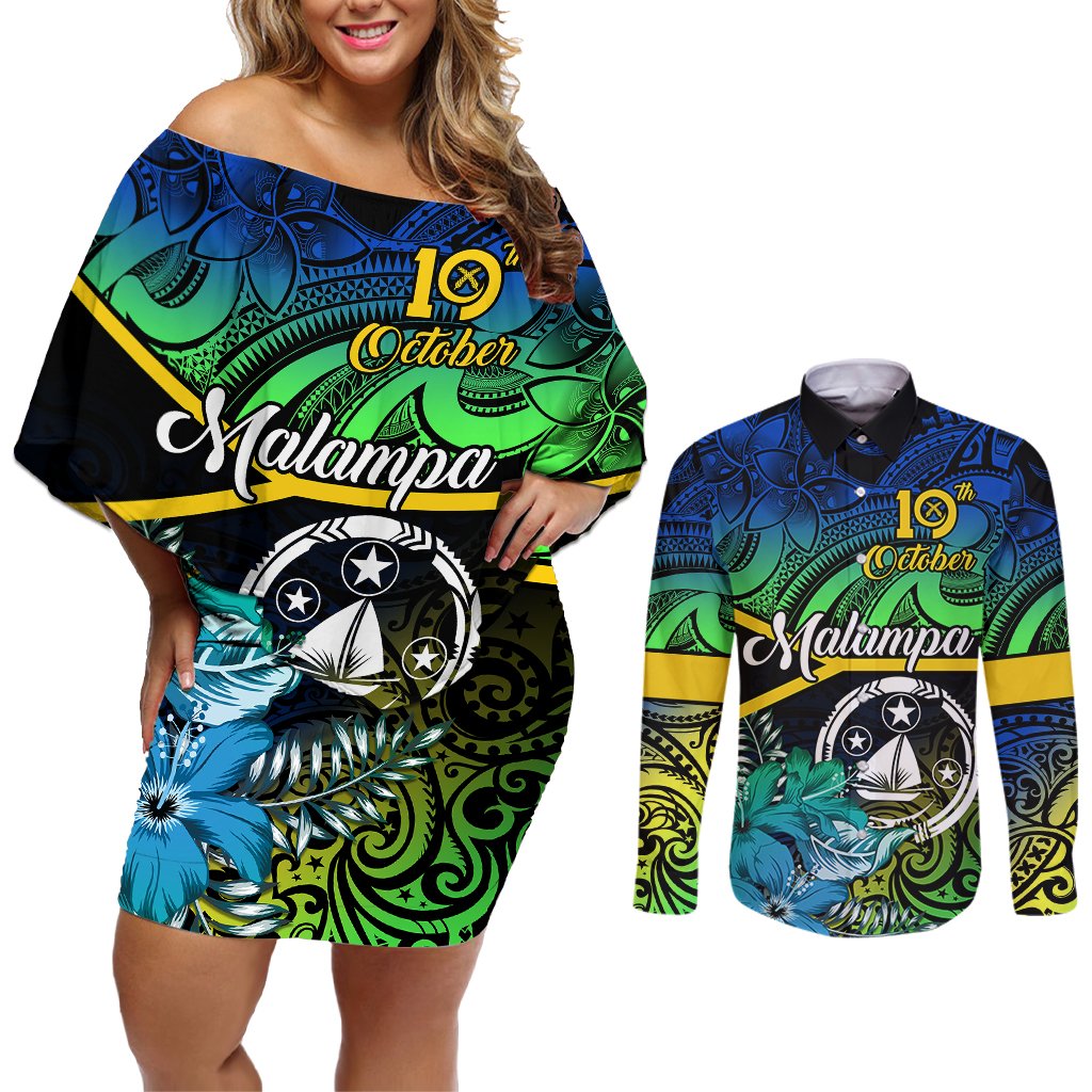 Malampa Day Couples Matching Off Shoulder Short Dress and Long Sleeve Button Shirts Vanuatu Flowers with Malampa Emblem Tribal Pattern LT9 Black - Polynesian Pride