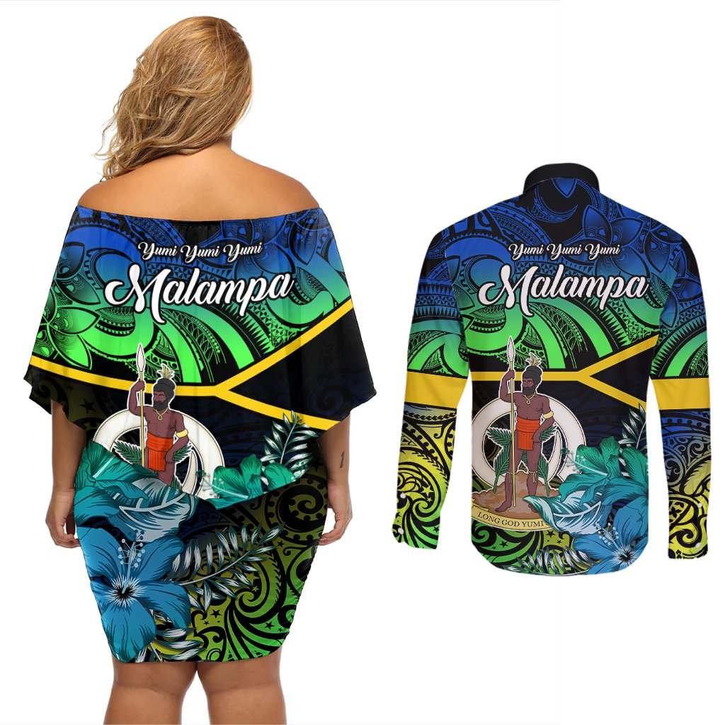 Malampa Day Couples Matching Off Shoulder Short Dress and Long Sleeve Button Shirts Vanuatu Flowers with Malampa Emblem Tribal Pattern LT9 - Polynesian Pride