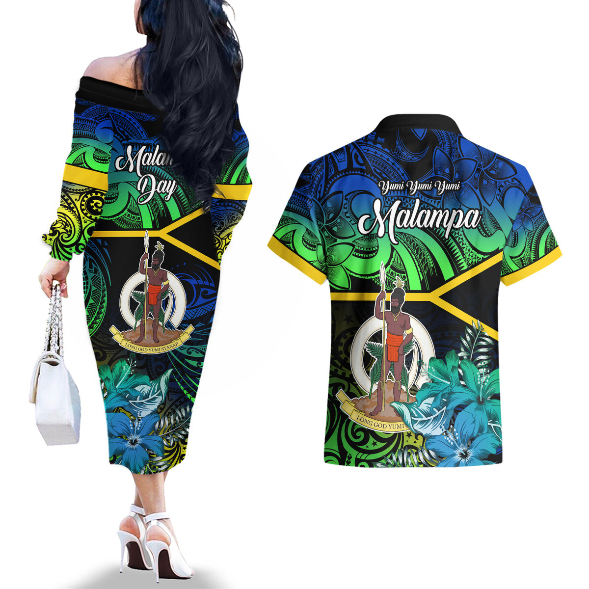 Malampa Day Couples Matching Off The Shoulder Long Sleeve Dress and Hawaiian Shirt Vanuatu Flowers with Malampa Emblem Tribal Pattern LT9 - Polynesian Pride