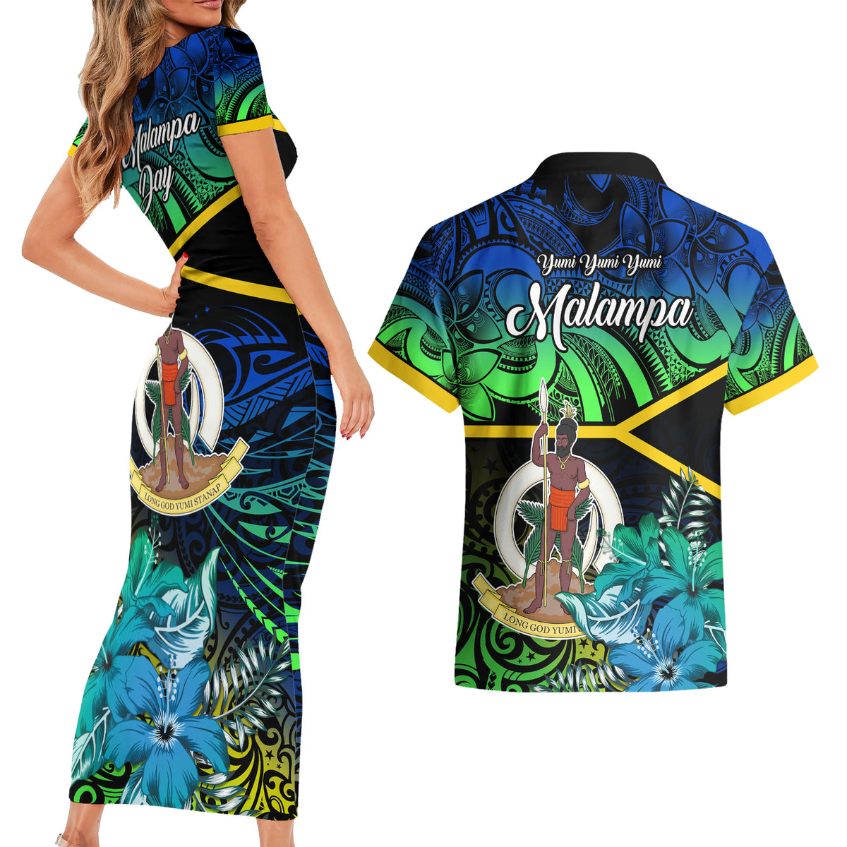 Malampa Day Couples Matching Short Sleeve Bodycon Dress and Hawaiian Shirt Vanuatu Flowers with Malampa Emblem Tribal Pattern LT9 - Polynesian Pride