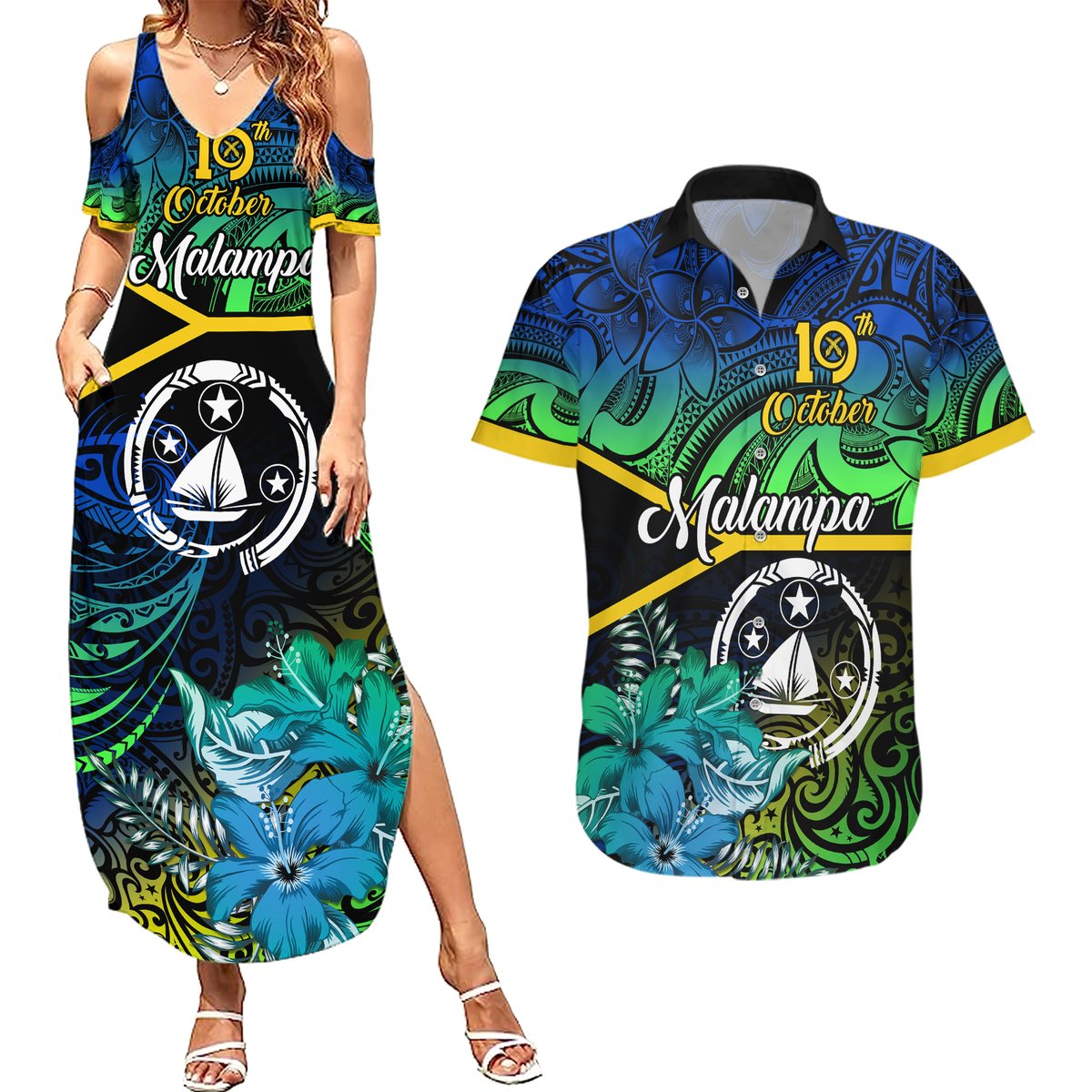 Malampa Day Couples Matching Summer Maxi Dress and Hawaiian Shirt Vanuatu Flowers with Malampa Emblem Tribal Pattern LT9 Black - Polynesian Pride
