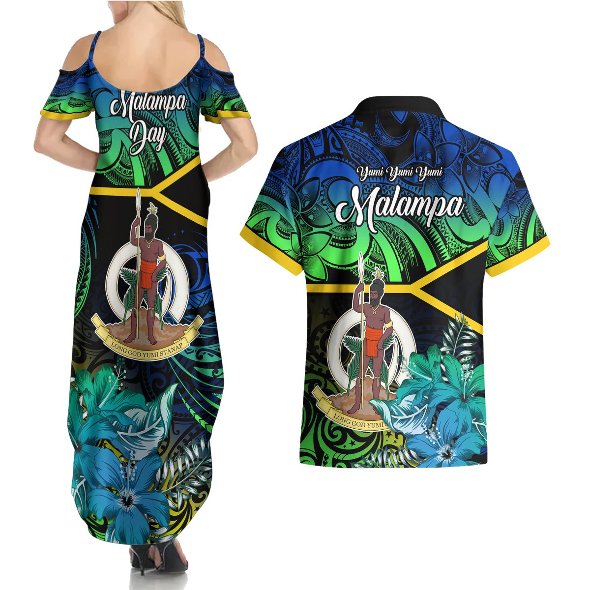 Malampa Day Couples Matching Summer Maxi Dress and Hawaiian Shirt Vanuatu Flowers with Malampa Emblem Tribal Pattern LT9 - Polynesian Pride